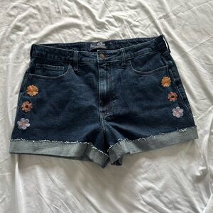 Hollister Dark Blue Jean Shorts with Floral Embroidery